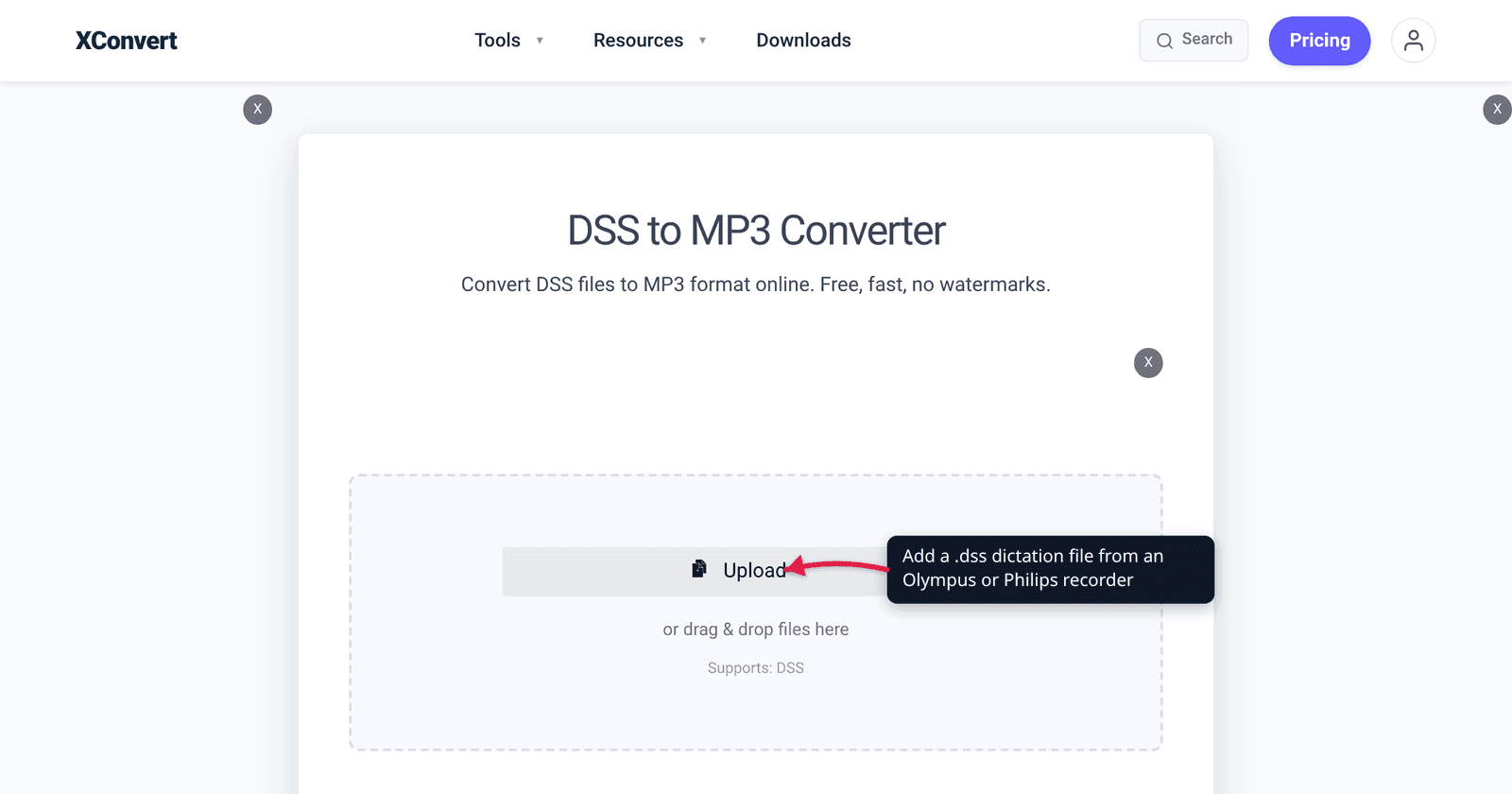 The xconvert DSS to MP3 converter at /convert-dss-to-mp3 with the Upload button highlighted — add a .dss dictation recording from an Olympus or Philips recorder
