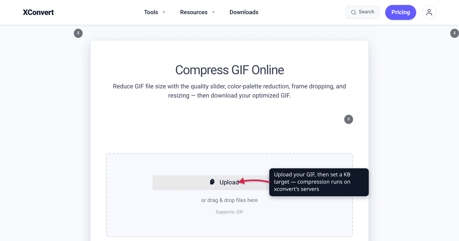 The xconvert GIF compressor at /compress-gif with the Upload button highlighted — add a GIF, then set a KB target under File Compression, Max file size